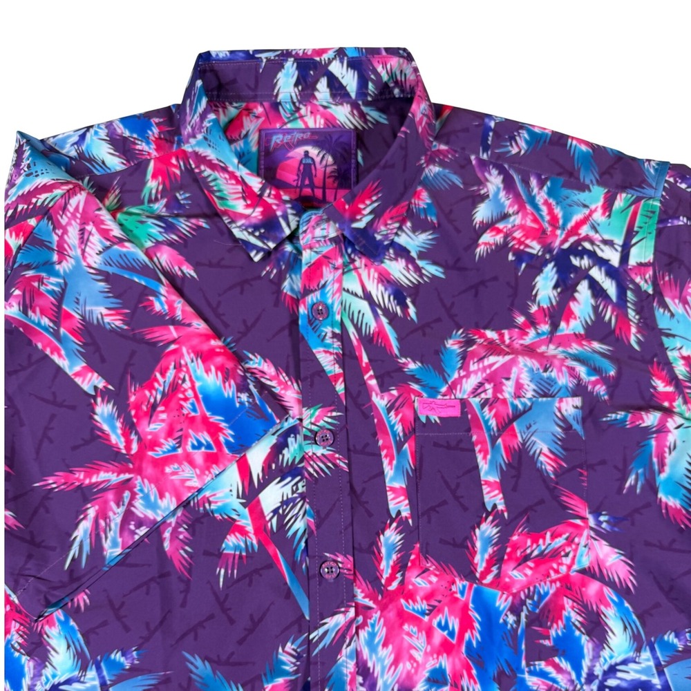 Retro Rifle AKs and Vacays Purple Palm Tree Vaporwave Button Down Shirt 2XL